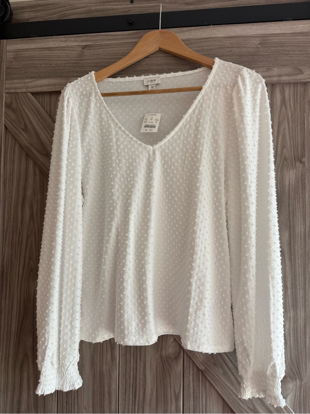 J CREW womens white textured smocked V-neck long sleeve woven blouse M